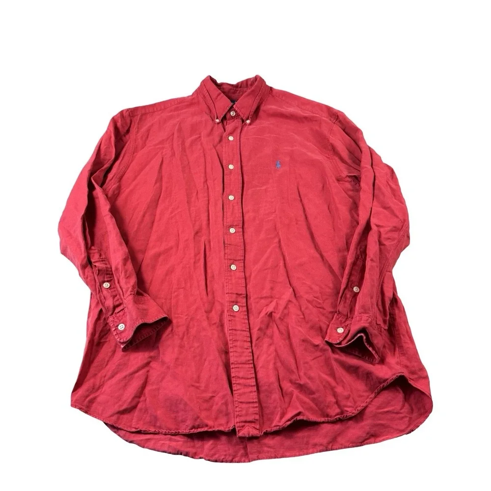Polo Ralph Lauren Red Black Linen Silk L/S Mens Button Front Size XL